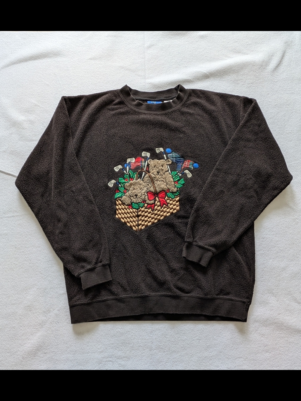 EP Pro Black Crewneck Sweater with Festive Embroidered Bear Christmas Basket